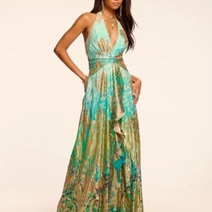 Ramy Brook Turquoise and Gold Halter Maxi Dress
